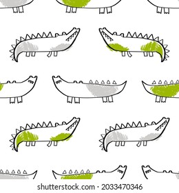 Vector hand-drawn seamless childish pattern with cute crocodile on a white background. Kids texture for fabric, wrapping, textile, wallpaper, apparel. Alligator. Illustration.