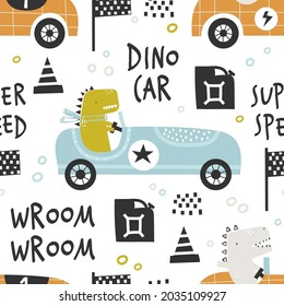 Vector hand-drawn seamless childish pattern with cute funny dinosaur rides in a racing car on a white background. Kids texture for fabric, wrapping, textile, wallpaper, apparel. Scandinavian design.