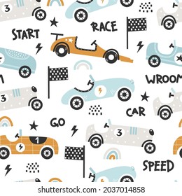 Vector hand-drawn seamless childish pattern with cute retro racing cars on a white background. Kids texture for fabric, wrapping, textile, wallpaper, apparel. Scandinavian design.