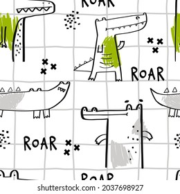 Patrón infantil sin costuras de vectores dibujado a mano con un cocodrilo lindo sobre un fondo de felpa. Textura para niños de tela, envoltura, textil, papel pintado, prendas de vestir. El lagarto. Roar. Ilustración.