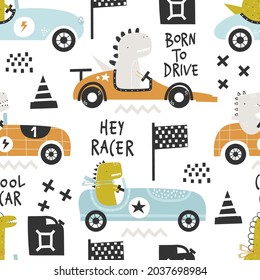 Patrón infantil sin costuras, dibujado a mano por vectores, con bonitos paseos en dinosaurio en un coche de carreras con fondo blanco. Textura para niños de tela, envoltura, textil, papel pintado, prendas de vestir. Diseño escandinavo.