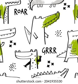 Vector hand-drawn seamless childish pattern with cute crocodile on a white background. Kids texture for fabric, wrapping, textile, wallpaper, apparel. Alligator. Illustration.