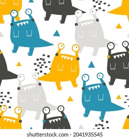 Vector hand-drawn seamless childish pattern with cute funny monsters on a white background. Alien. Kids texture for fabric, wrapping, textile, wallpaper, apparel. Scandinavian design. Illustration.