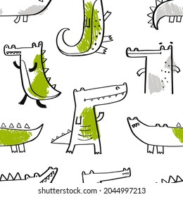 Patrón infantil sin costuras de vectores dibujado a mano con cocodrilo lindo sobre un fondo blanco. Textura para niños de tela, envoltura, textil, papel pintado, prendas de vestir. El lagarto. Ilustración.