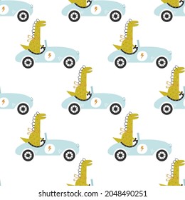 Vector hand-drawn seamless childish pattern with cute funny dinosaur rides in a racing car on a white background. Kids texture for fabric, wrapping, textile, wallpaper, apparel. Scandinavian design.