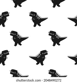 Vector hand-drawn seamless childish pattern with cute doodle dinosaurs on a white background. Kids texture for fabric, wrapping, textile, wallpaper, apparel. Dino. Scandinavian style illustration.