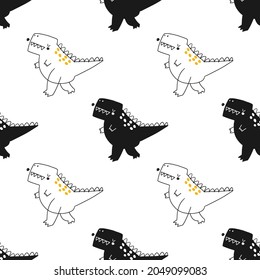 Vector hand-drawn seamless childish pattern with cute doodle dinosaurs on a white background. Kids texture for fabric, wrapping, textile, wallpaper, apparel. Dino. Scandinavian style illustration.