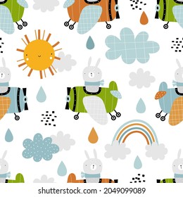 Vector hand-drawn seamless childish pattern with cute bunny pilot on the plane on a white background. Kids texture for fabric, wrapping, textile, wallpaper, apparel. Rabbit flying on a airplane.