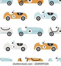 Vector hand-drawn seamless childish pattern with cute retro racing cars on a white background. Kids texture for fabric, wrapping, textile, wallpaper, apparel. Scandinavian design.