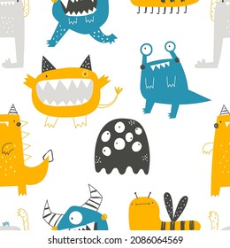 Vector hand-drawn seamless childish pattern with cute funny monsters on a white background. Alien. Kids texture for fabric, wrapping, textile, wallpaper, apparel. Scandinavian design. Illustration.