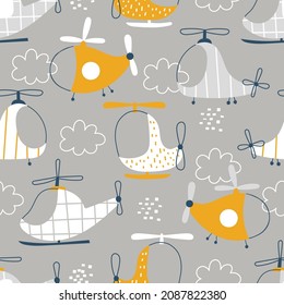 Vector hand-drawn seamless childish pattern with cute flying helicopters and clouds on a gray background. Kids texture for fabric, wrapping, textile, wallpaper, apparel. Scandinavian design.