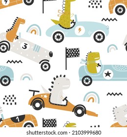 Patrón infantil sin costuras, dibujado a mano por vectores, con bonitos paseos en dinosaurio en un coche de carreras con fondo blanco. Textura para niños de tela, envoltura, textil, papel pintado, prendas de vestir. Diseño escandinavo.