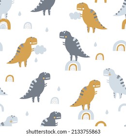 Vector hand-drawn seamless childish pattern with cute funny dinosaur, rainbows and clouds on a white background. Kids texture for fabric, wrapping, textile, wallpaper, apparel. Scandinavian design.