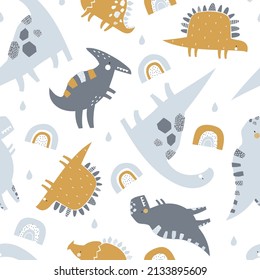 Vector hand-drawn seamless childish pattern with cute dinosaurs and rainbow on a white background. Kids texture for fabric, wrapping, textile, wallpaper, apparel. Dino. Scandinavian style