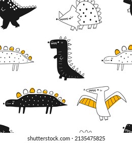 Vector hand-drawn seamless childish pattern with cute doodle dinosaurs on a white background. Kids texture for fabric, wrapping, textile, wallpaper, apparel. Dino. Scandinavian style illustration.