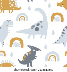 Vector hand-drawn seamless childish pattern with cute funny dinosaur, rainbows on a white background. Kids texture for fabric, wrapping, textile, wallpaper, apparel. Scandinavian design.