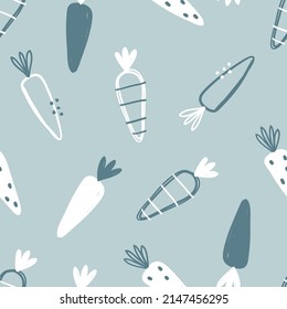 Vector hand-drawn seamless childish pattern with cute carrots on a blue background. Kids texture for fabric, wrapping, textile, wallpaper, apparel. Vegetable. Scandinavian design. Illustration.