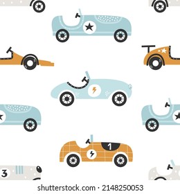 Vector hand-drawn seamless childish pattern with cute retro racing cars on a white background. Kids texture for fabric, wrapping, textile, wallpaper, apparel. Scandinavian design.