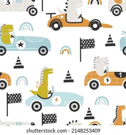 Vector hand-drawn seamless childish pattern with cute funny dinosaur rides in a racing car on a white background. Kids texture for fabric, wrapping, textile, wallpaper, apparel. Scandinavian design.