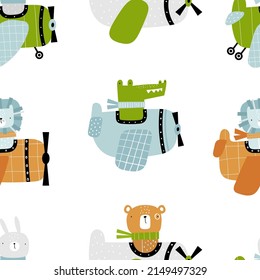 Vector hand-drawn seamless childish pattern with cute animals pilots on the plane on a white background. Kids texture for fabric, wrapping, textile, wallpaper, apparel. Animals flying on a airplane