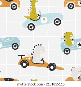 Vector hand-drawn seamless childish pattern with cute funny dinosaur rides in a racing car on a white plaid background. Kids texture for fabric, wrapping, textile, wallpaper, apparel. Scandinavian des