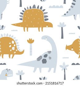 Vector hand-drawn seamless childish pattern with cute funny dinosaur, palms, mountains on a white background. Kids texture for fabric, wrapping, textile, wallpaper, apparel. Scandinavian design.
