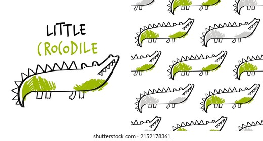 Vector hand-drawn seamless childish pattern with cute crocodile on a white background. Kids texture for fabric, wrapping, textile, wallpaper, apparel. Alligator. Illustration.