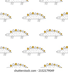 Vector hand-drawn seamless childish pattern with cute doodle dinosaurs on a white background. Kids texture for fabric, wrapping, textile, wallpaper, apparel. Dino. Scandinavian style illustration.