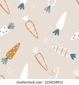 Vector hand-drawn seamless childish pattern with cute carrots on a beige background. Kids texture for fabric, wrapping, textile, wallpaper, apparel. Vegetable. Scandinavian design. Illustration.