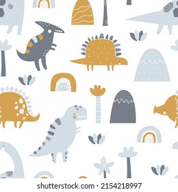 Vector hand-drawn seamless childish pattern with cute funny dinosaur, palms, mountains on a white background. Kids texture for fabric, wrapping, textile, wallpaper, apparel. Scandinavian design.
