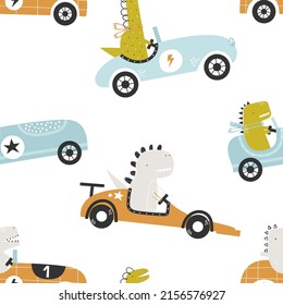 Vector hand-drawn seamless childish pattern with cute funny dinosaur rides in a racing car on a white background. Kids texture for fabric, wrapping, textile, wallpaper, apparel. Scandinavian design.