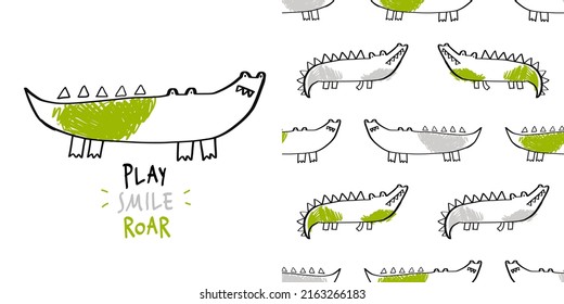 Vector hand-drawn seamless childish pattern with cute crocodile on a white background. Kids texture for fabric, wrapping, textile, wallpaper, apparel. Alligator. Illustration.