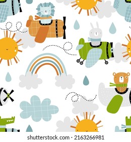 Vector hand-drawn seamless repeating children simple pattern with aircraft,  clouds, moon and stars in Scandinavian style on a white background.Kids  seamless pattern with planes. Funny airplanes. Stock Vector