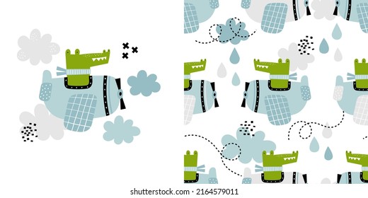 Vector hand-drawn seamless childish pattern with cute crocodile pilot on the plane on a white background. Kids texture for fabric, wrapping, textile, wallpaper, apparel. Alligator flying on a airplane