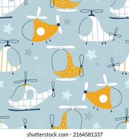 Vector hand-drawn seamless childish pattern with cute flying helicopters, stars and clouds on a blue background. Kids texture for fabric, wrapping, textile, wallpaper, apparel. Scandinavian design.