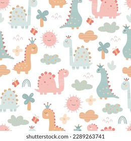 Vector hand-drawn seamless childish pattern with cute dinosaurs. Kids texture for fabric, wrapping, textile, wallpaper, apparel. Dino. Scandinavian style