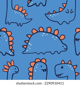 Vector hand-drawn seamless childish pattern with cute dinosaurs. Kids texture for fabric, wrapping, textile, wallpaper, apparel. Dino. Scandinavian style