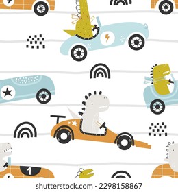 Vector hand-drawn seamless childish pattern with cute funny dinosaur rides in a racing car on a striped background. Kids texture for fabric, wrapping, textile, wallpaper, apparel. Scandinavian design.