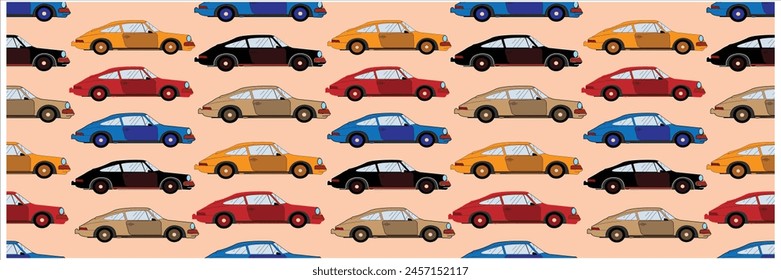 Vector hand-drawn seamless childish pattern with cute retro racing cars on a white background