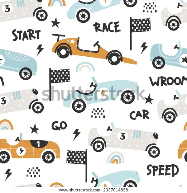 Vector
hand-drawn seamless childish pattern with cute retro racing cars on
a white background. Kids texture for fabric, wrapping, textile,
wallpaper, apparel. Scandinavian
design.