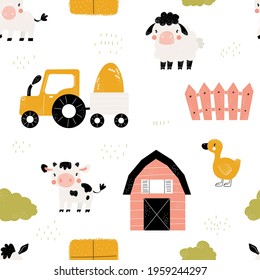 Vector hand-drawn seamless childish simple pattern with cute farm animals. Farm pattern. Cute landscape background. Trendy scandinavian vector background perfect for kids apparel, fabric, textile