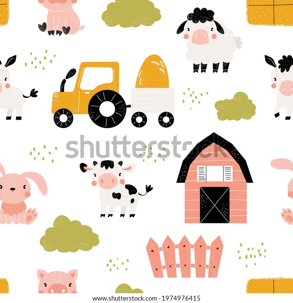 Vector hand-drawn seamless childish simple\
pattern with cute farm animals. Farm pattern. Cute landscape\
background. Trendy scandinavian vector background perfect for kids\
apparel, fabric,\
textile