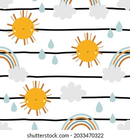 Vector hand-drawn seamless childlish pattern with cute sun, clouds, drops and rainbows on a striped background. Kids texture for fabric, wrapping, textile, wallpaper. Trendy scandinavian print.