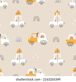 Vector hand-drawn seamless children simple pattern with cars and rainbows. Kids seamless pattern with building equipment. Funny construction transport. Kids texture for fabric. Scandinavian. Boho.