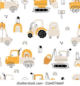 Vector hand-drawn seamless children simple pattern with cars and rainbows. Kids seamless pattern with building equipment. Funny construction transport. Kids texture for fabric. Scandinavian. Boho.