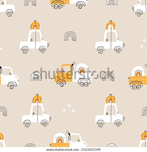 Vector hand-drawn seamless children simple pattern\
with cars and rainbows. Kids seamless pattern with building\
equipment. Funny construction transport. Kids texture for fabric.\
Scandinavian. Boho.