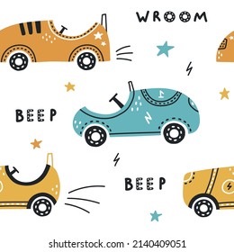 Vector hand-drawn seamless children's pattern with cute racing cars on a white background. Children's texture for fabric, packaging, textiles, wallpaper, clothing. Scandinavian design.