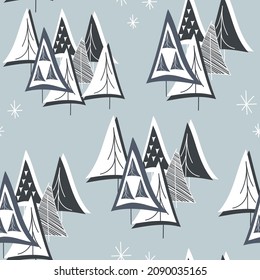 Vector. Hand-drawn seamless Christmas pattern, linear perforated Christmas tree on a blue background. Design templates for typographic products. Minimalism for branding, cover, postcard, wrapping.