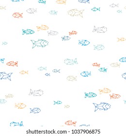 Vector hand-drawn seamless fish pattern. Colourful shoal of outlined fish on white background. Boundless background can be used for web page backgrounds, wallpapers, wrapping papers and invitations.