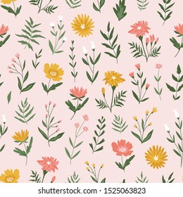 Vector hand-drawn seamless floral print. Cute girly fabric pattern design. Flowers on the pink background.